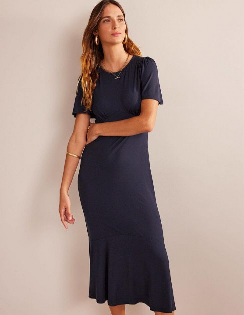 Navy Women's Boden Flippy Jersey Midi Dress | 20754ZPDY