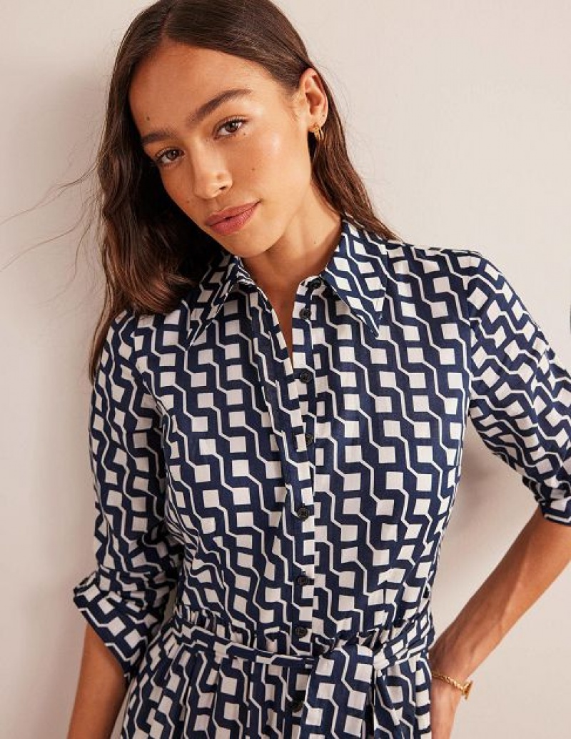 Navy Women's Boden Flo Cotton Shirt Dress | 91637FCUH