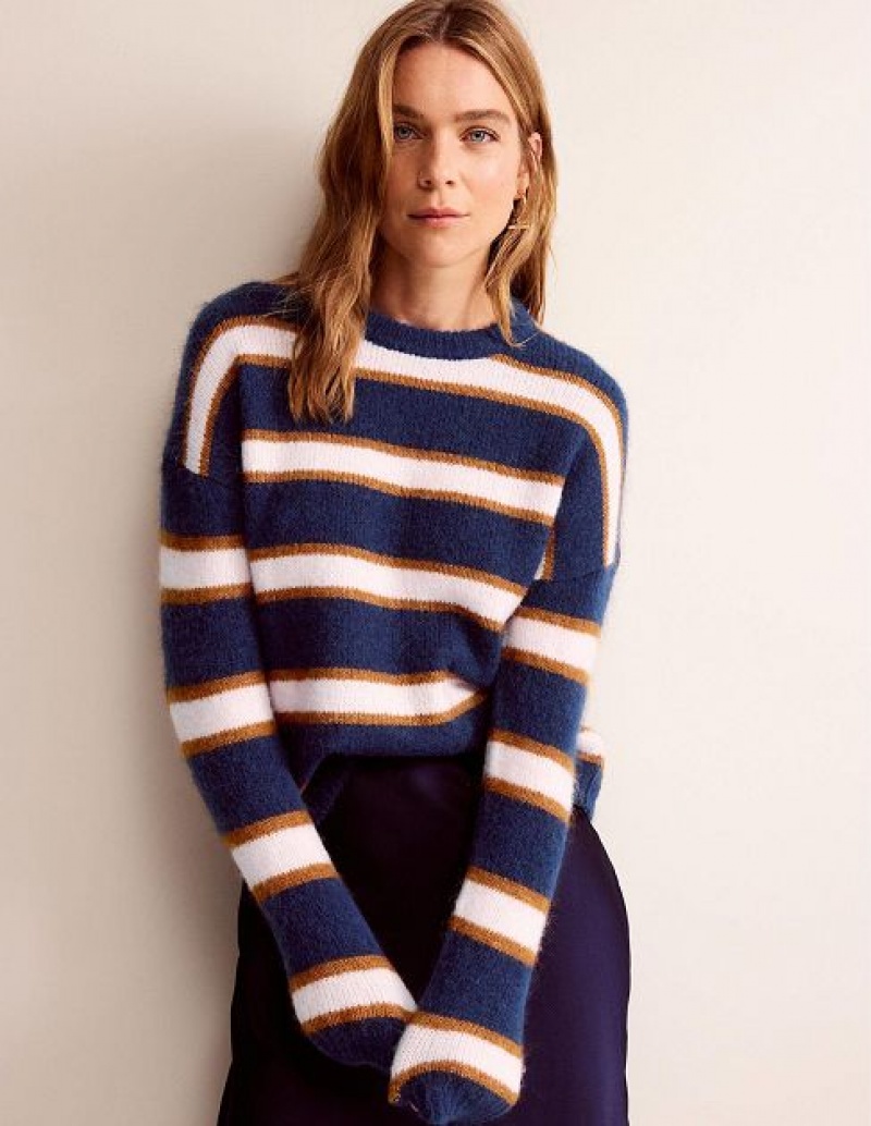 Navy Women\'s Boden Fluffy Stripe Jumpers | 14726FOGE