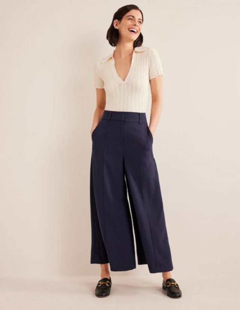 Navy Women's Boden Fluid Wide Leg Culottes Pants | 95610LQXZ