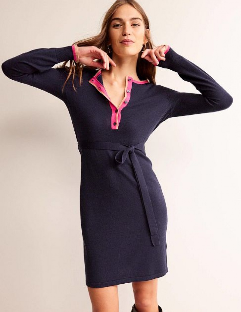 Navy Women's Boden Gemma Henley Knitted Dress | 26193OMXU