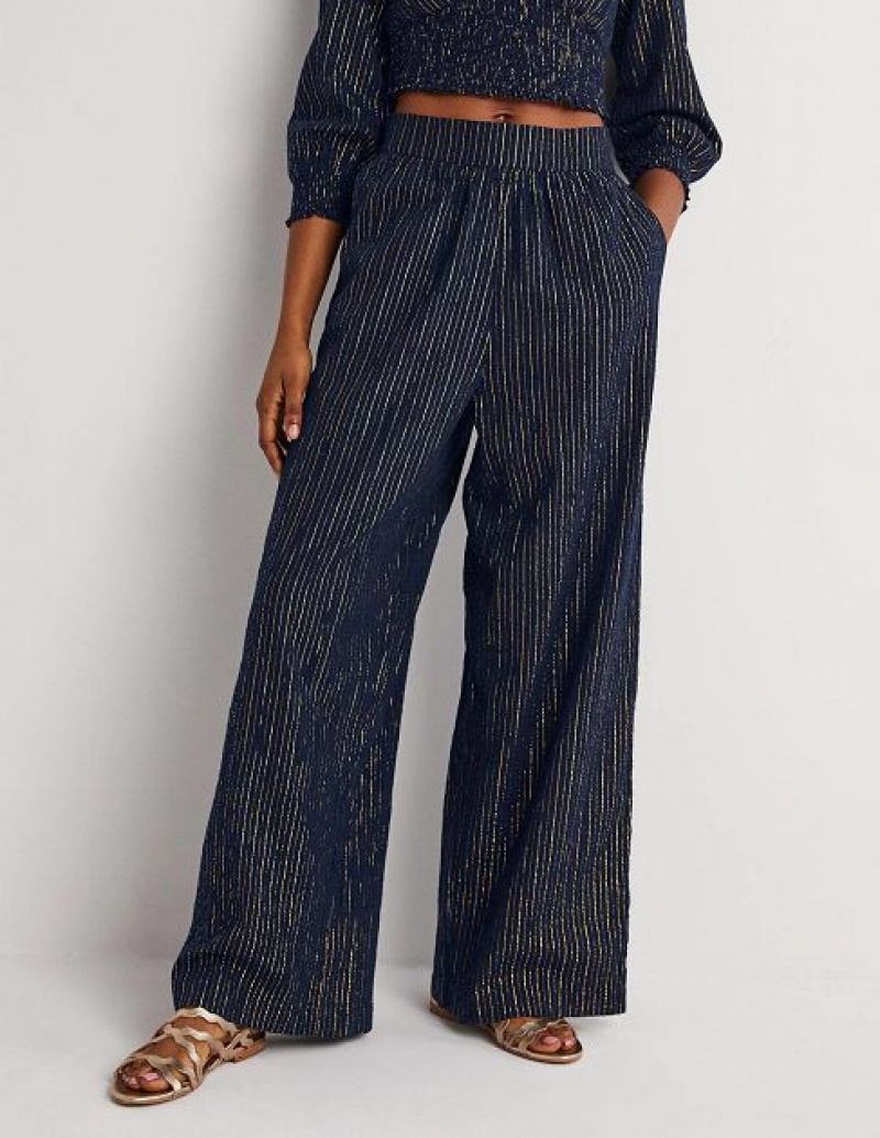 Navy Women's Boden Grace Crinkle Wide Leg Pants | 01345ACNW