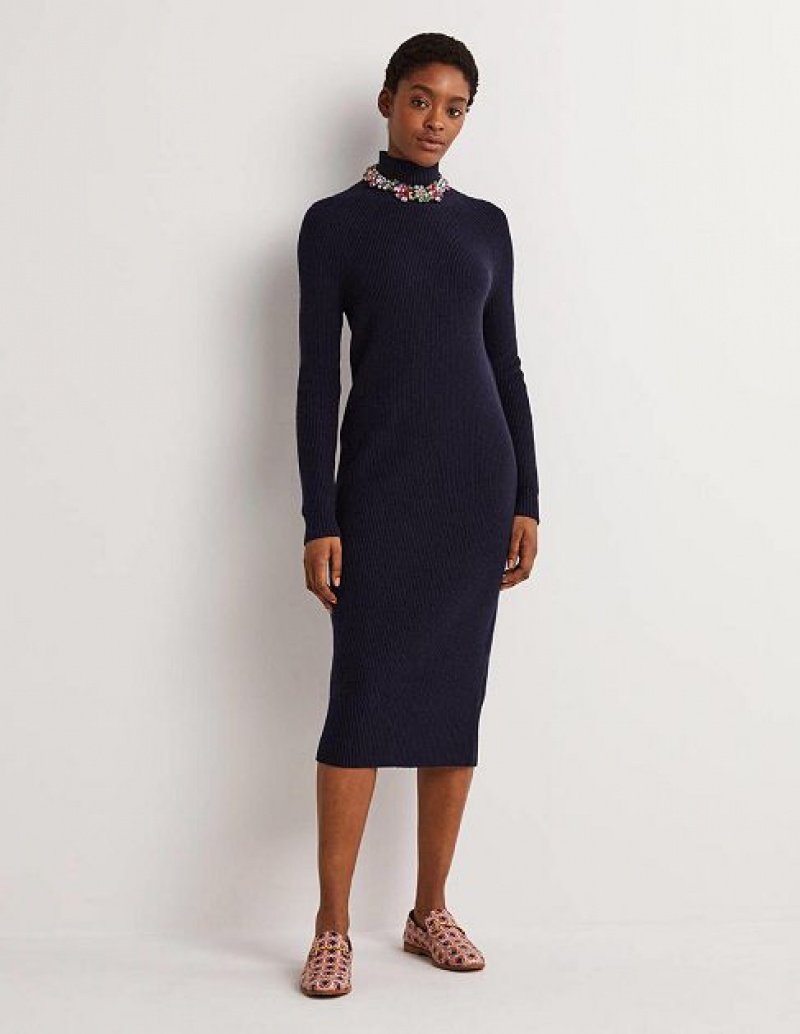 Navy Women\'s Boden High Neck Midi Dress | 92684GEBY