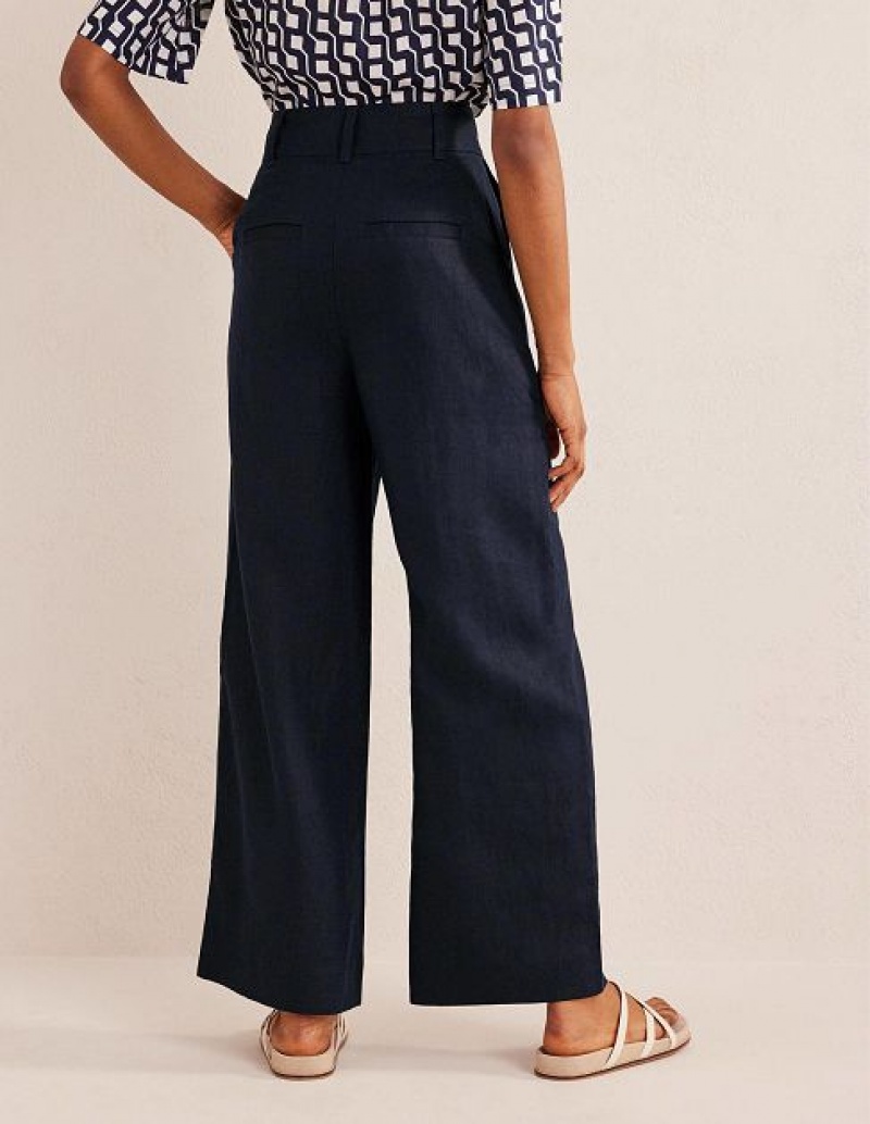 Navy Women's Boden Highbury Linen Pants | 59036HRYM