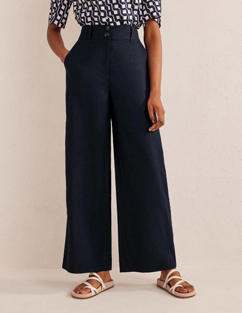 Navy Women's Boden Highbury Linen Pants | 59036HRYM