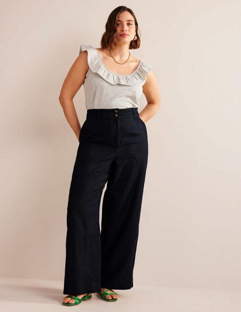 Navy Women's Boden Highbury Linen Pants | 59036HRYM