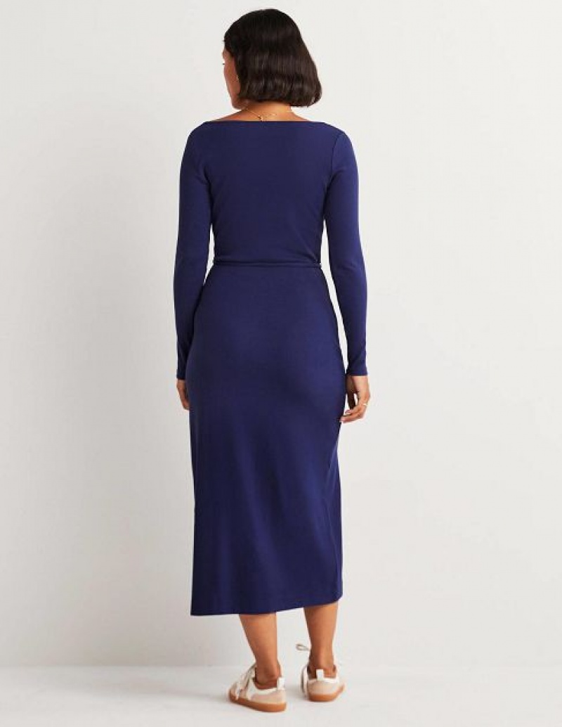 Navy Women's Boden Jersey Rib Midi Dress | 50261FNYI