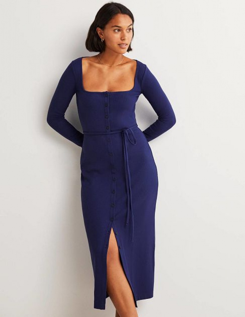 Navy Women's Boden Jersey Rib Midi Dress | 50261FNYI