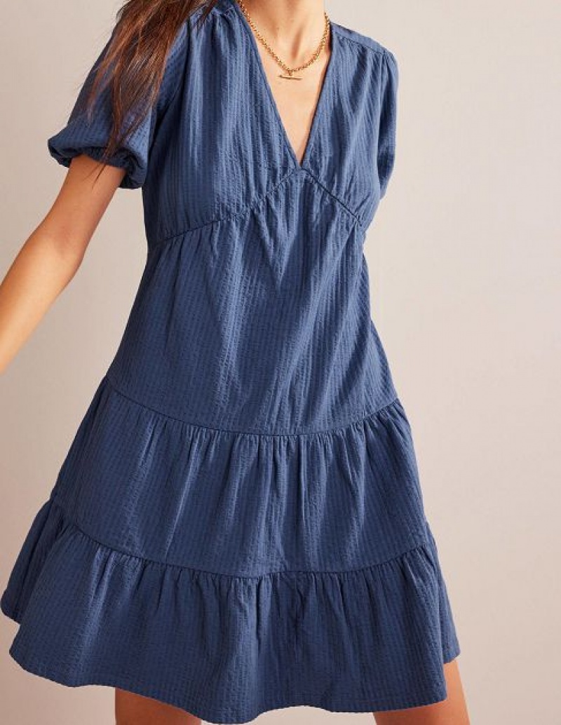 Navy Women's Boden Jersey Seersucker Dress | 48257GBTO