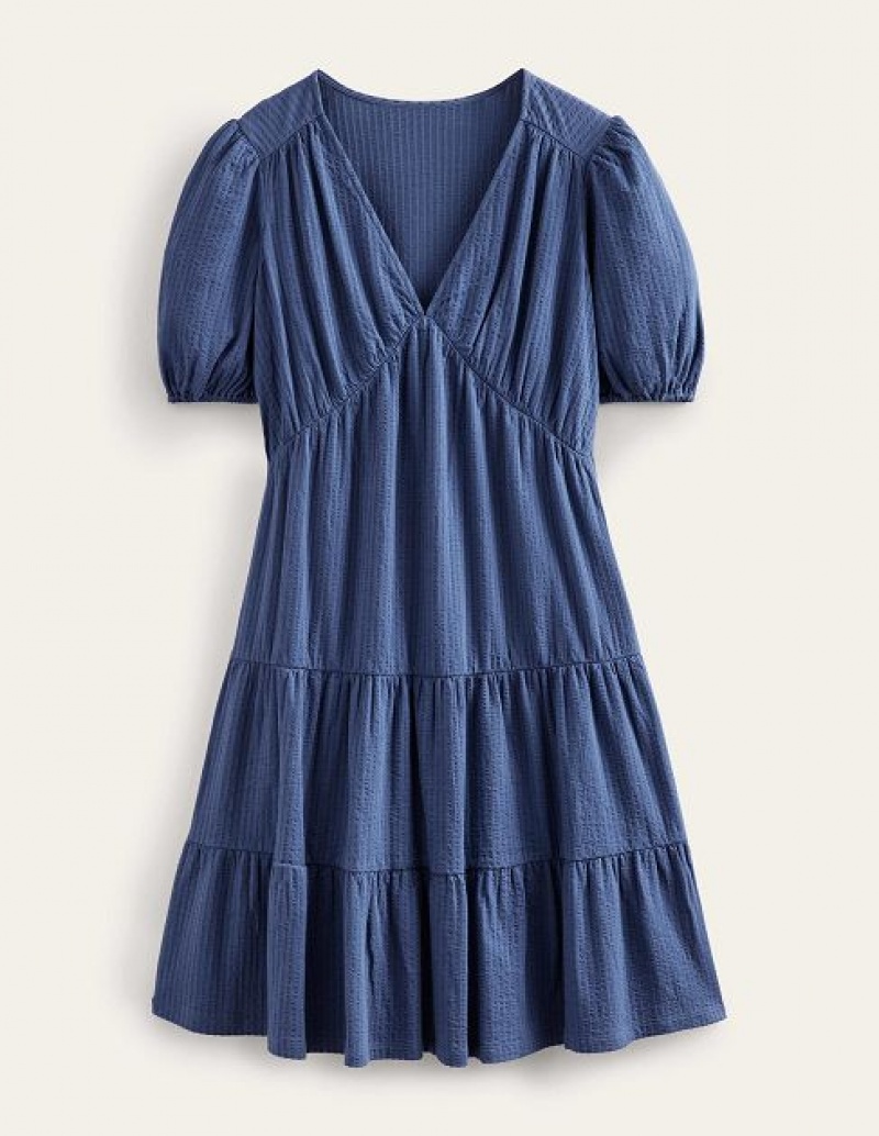 Navy Women's Boden Jersey Seersucker Dress | 48257GBTO