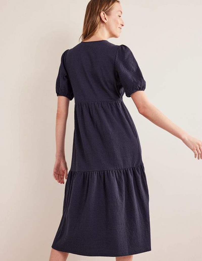 Navy Women's Boden Jersey Seersucker Midi Dress | 20958ZVJY