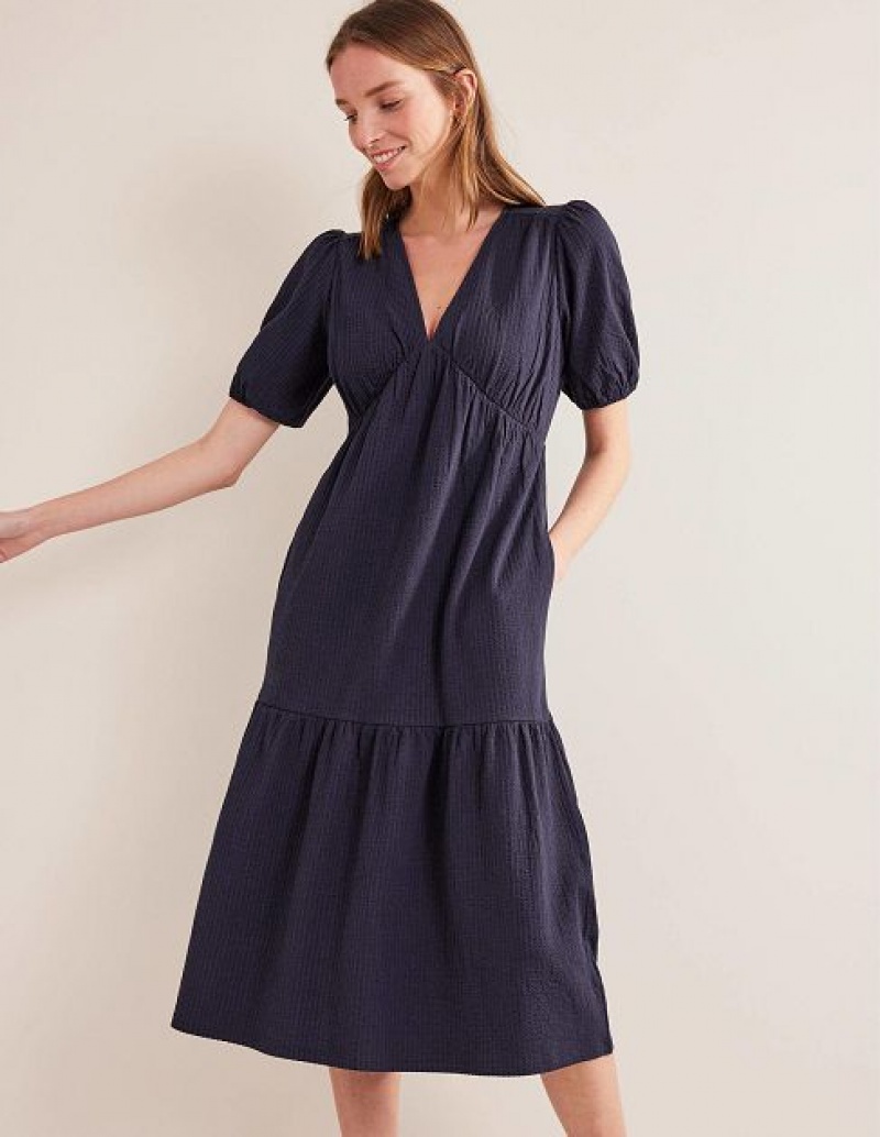 Navy Women's Boden Jersey Seersucker Midi Dress | 20958ZVJY