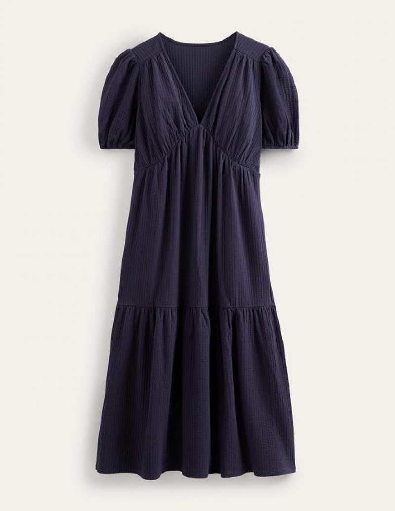 Navy Women's Boden Jersey Seersucker Midi Dress | 20958ZVJY