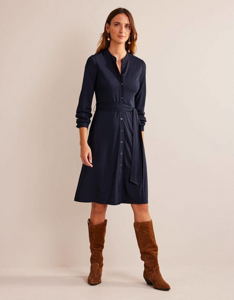 Navy Women's Boden Julia Jersey Shirt Dress | 65793XNKE