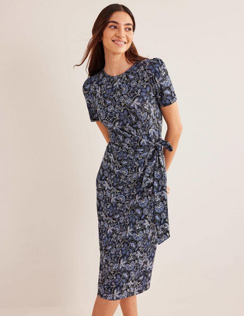 Navy Women's Boden Knot Front Jersey Midi Dress | 79386SFDI