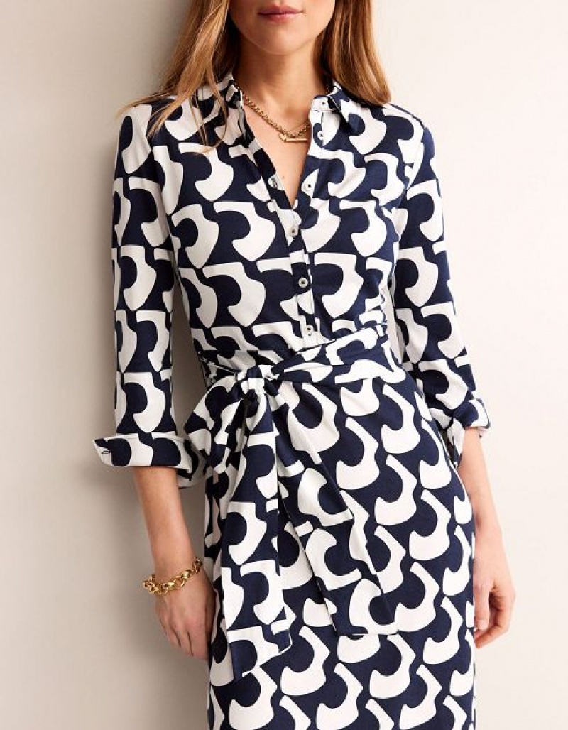 Navy Women's Boden Laura Jersey Midi Shirt Dress | 25394MHYN