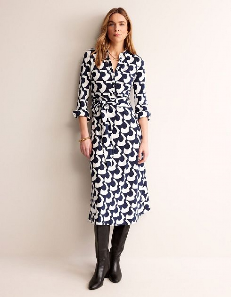 Navy Women's Boden Laura Jersey Midi Shirt Dress | 25394MHYN