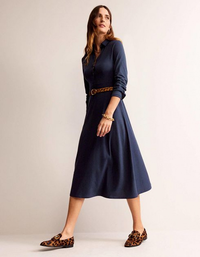 Navy Women's Boden Laura Jersey Midi Shirt Dress | 12895GIDK