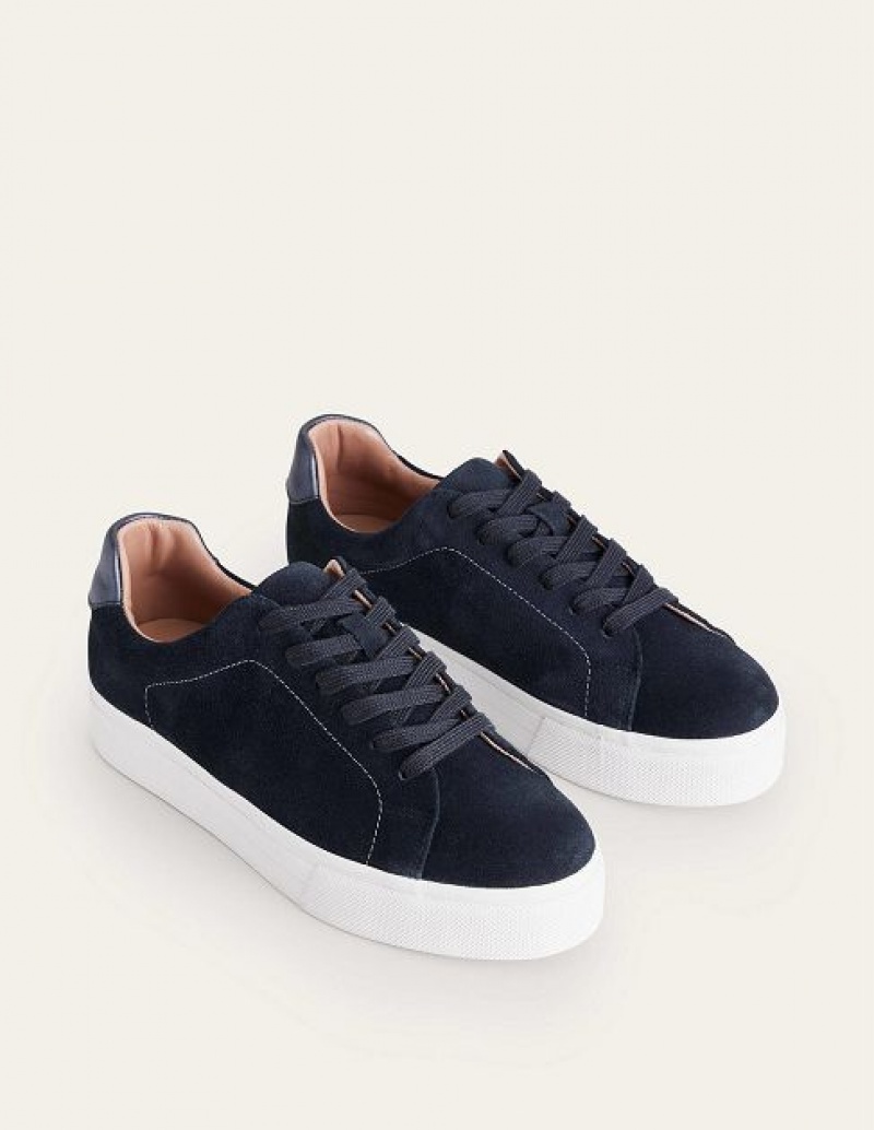 Navy Women's Boden Leather Flatform Sneakers | 87325SUHW