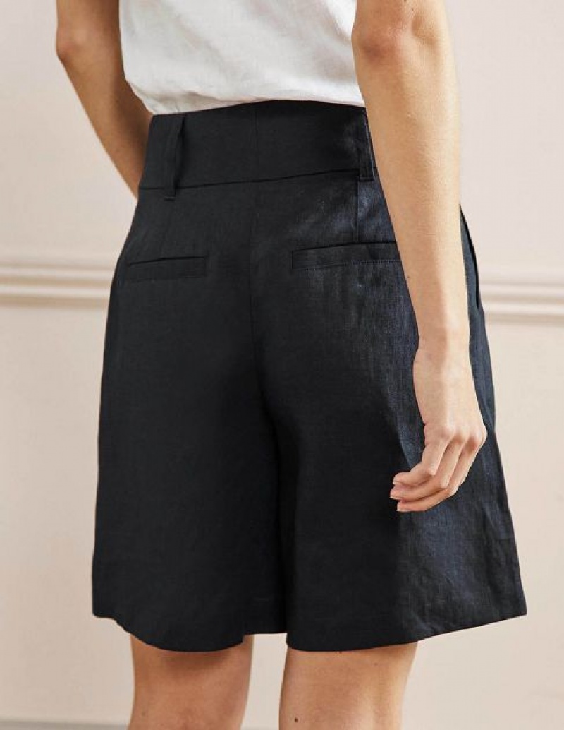 Navy Women's Boden Linen Pleat Shorts | 30548FXJM