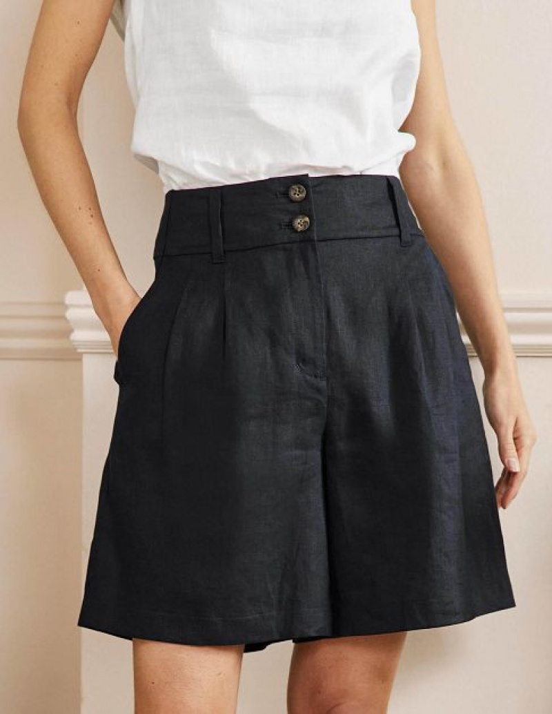 Navy Women's Boden Linen Pleat Shorts | 30548FXJM