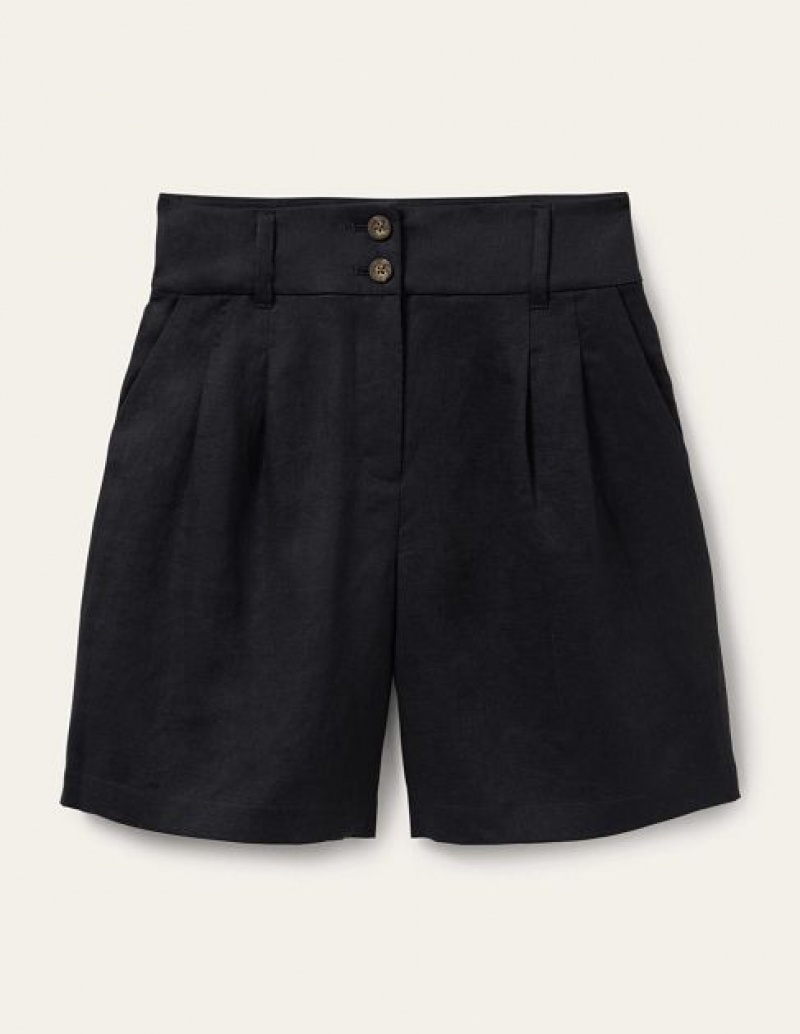 Navy Women's Boden Linen Pleat Shorts | 30548FXJM