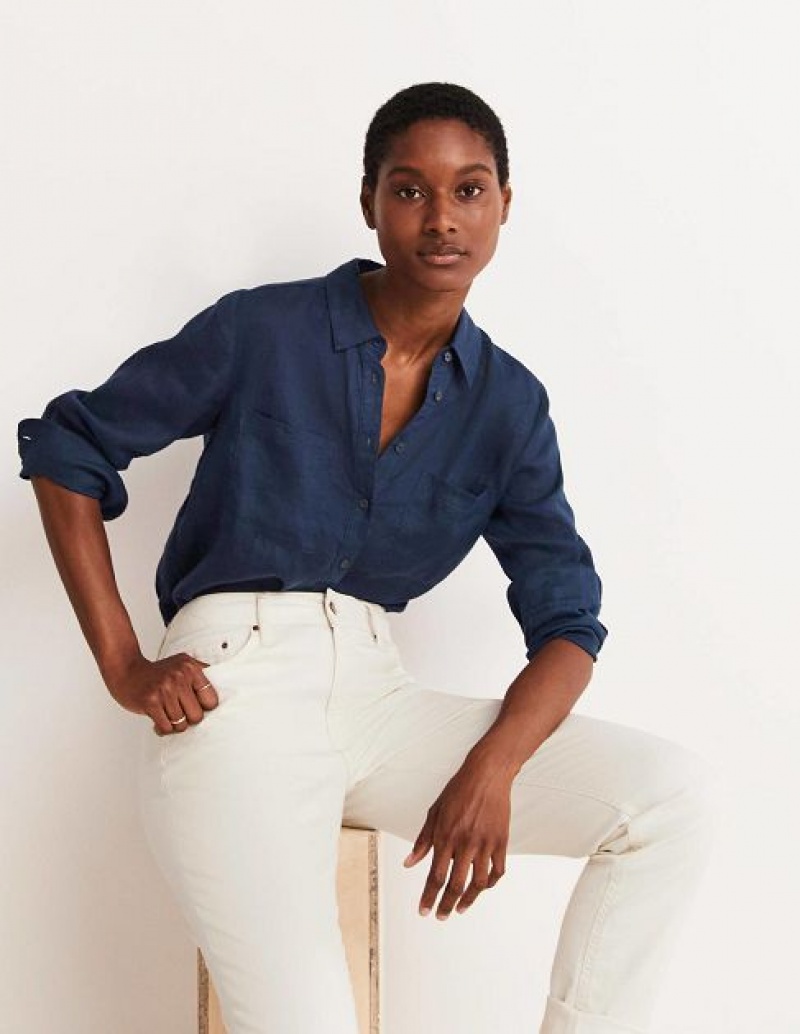 Navy Women's Boden Linen Shirts | 37024ALCM