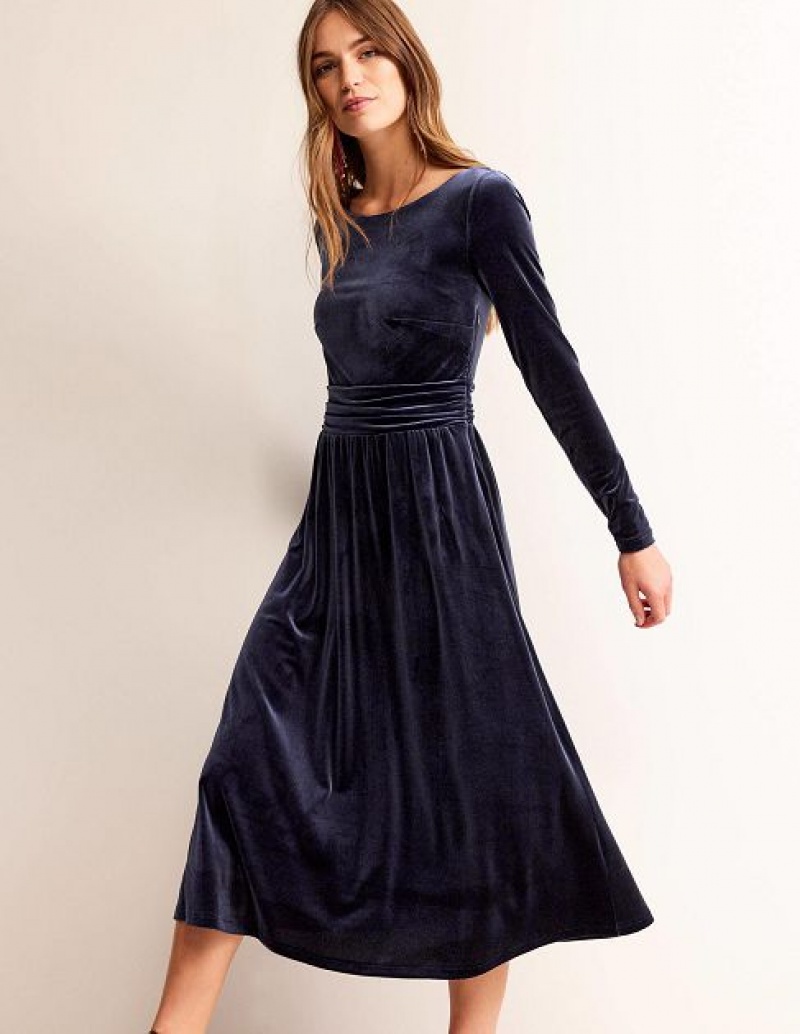 Navy Women's Boden Lois Velvet Dress | 03549SXHW