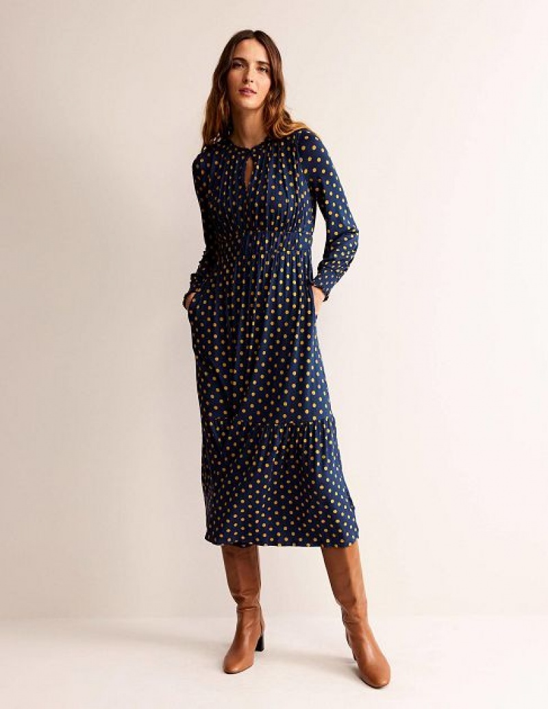 Navy Women's Boden Long Sleeve Ruched Dress | 07516HJAF