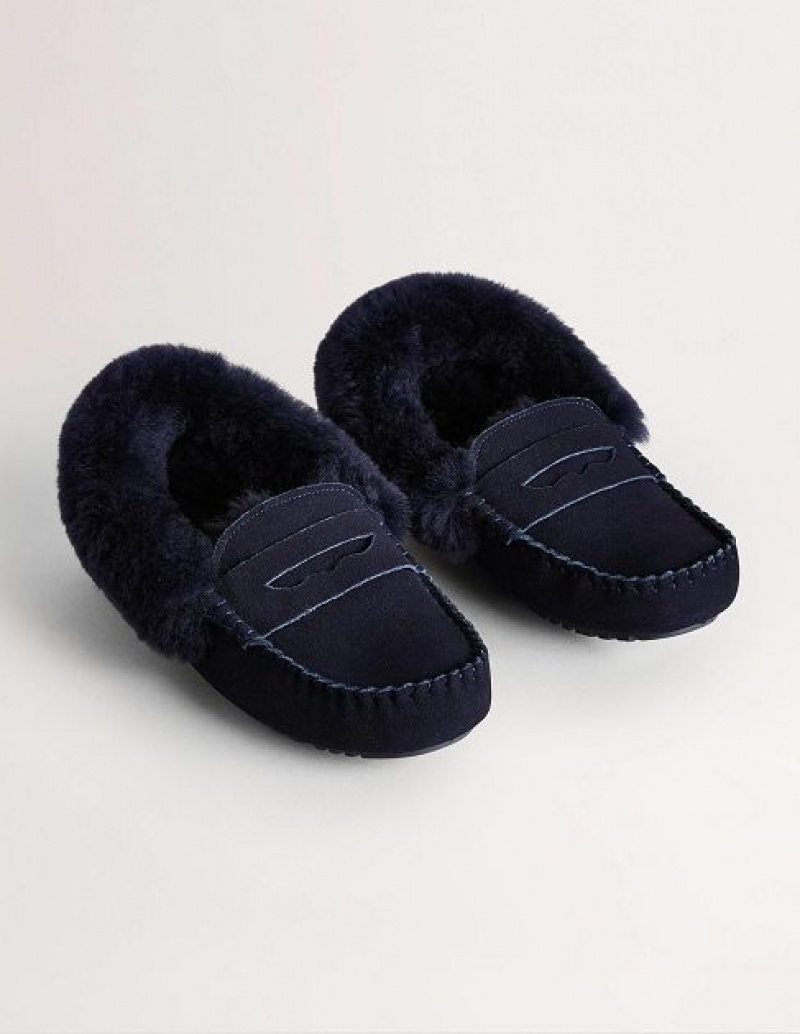 Navy Women's Boden Moccasin Slippers | 13057HPWG