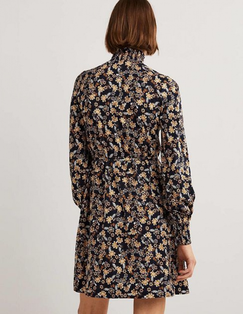 Navy Women's Boden Navy Floral High-neck Dress | 34710UDZV