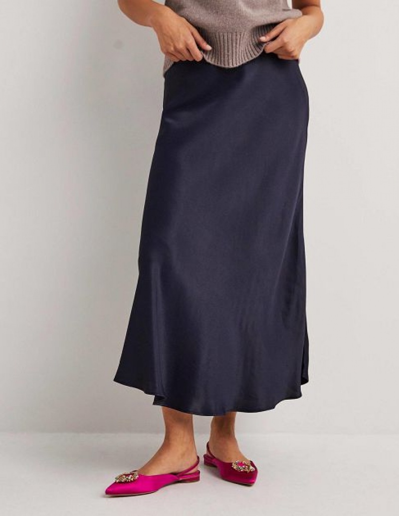 Navy Women's Boden Navy Satin Bias-cut Skirts | 34690BFPM