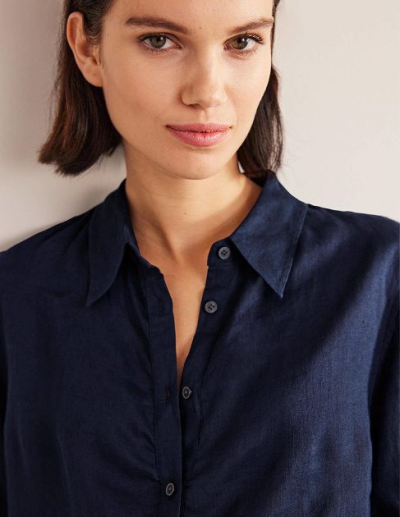 Navy Women's Boden New Linen Shirts | 47628KGWM