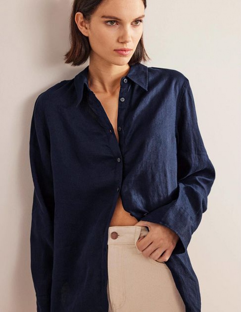 Navy Women's Boden New Linen Shirts | 47628KGWM