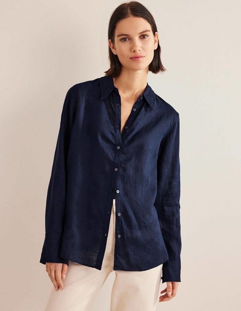 Navy Women\'s Boden New Linen Shirts | 47628KGWM