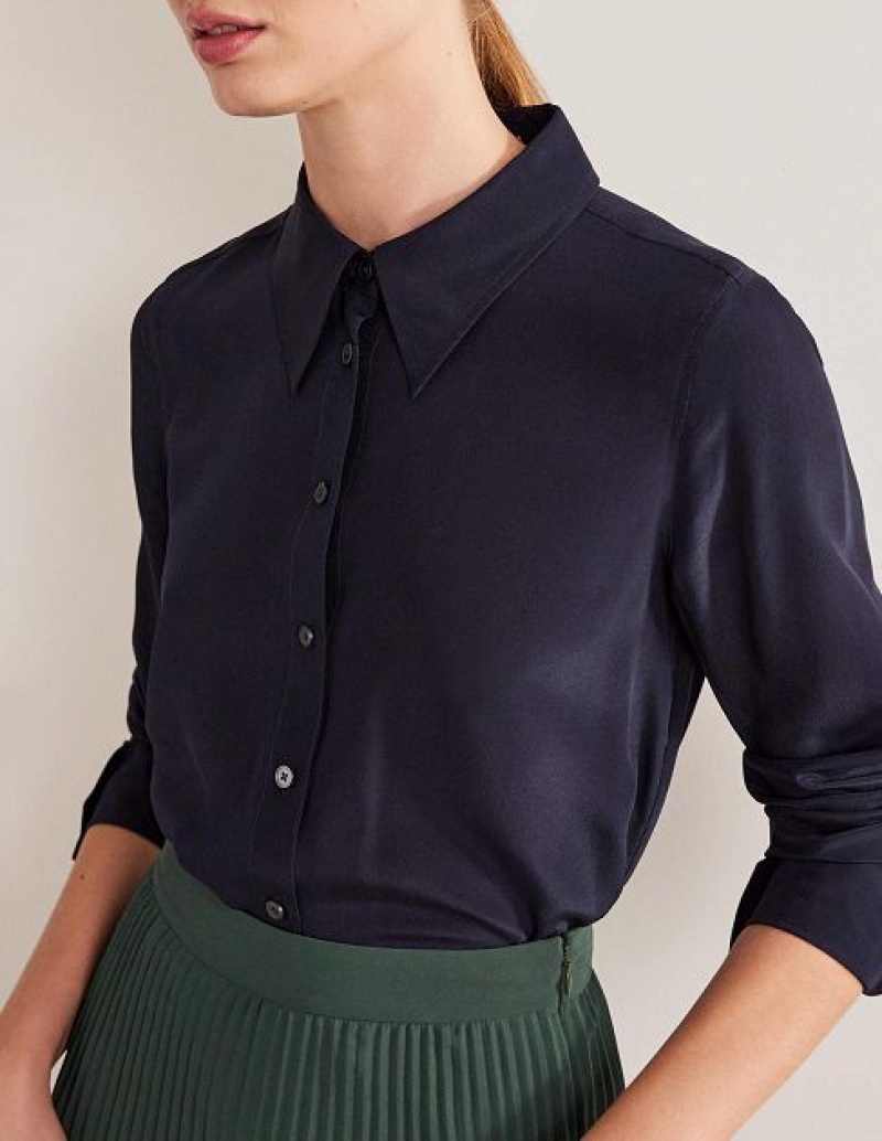 Navy Women's Boden New Silk Shirts | 74381ZCDR