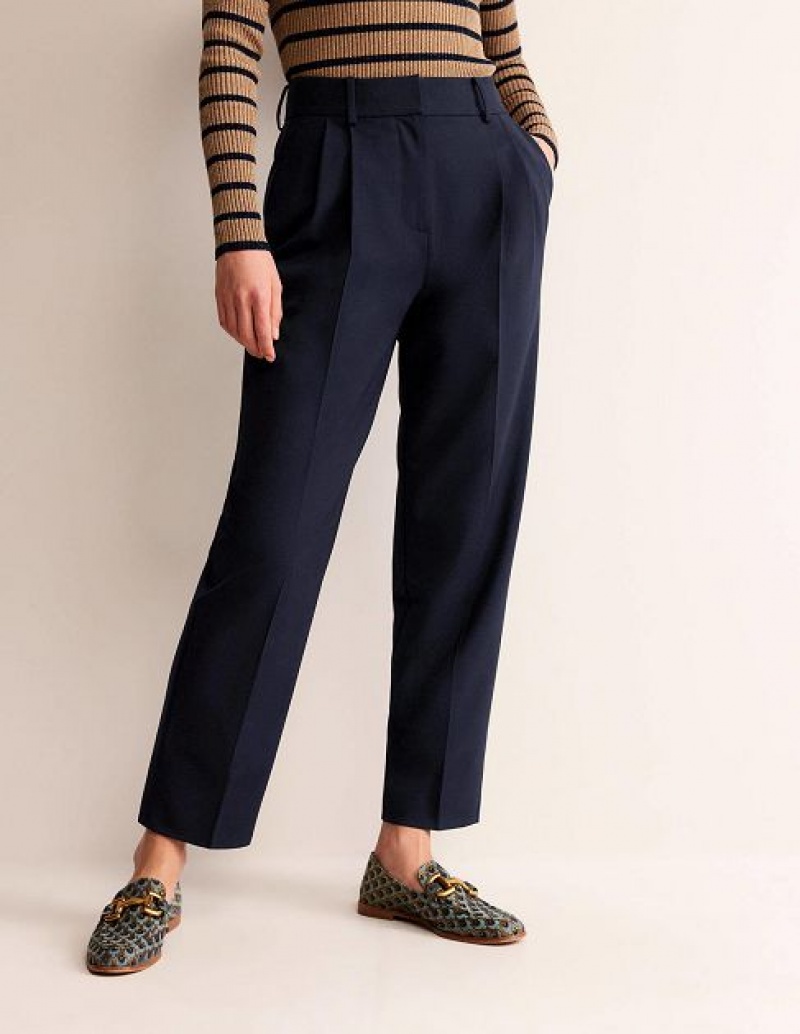 Navy Women's Boden Pleat-front Tapered Pants | 57910QFDZ