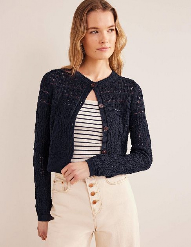 Navy Women's Boden Pointelle Cotton Cardigan | 75642MWVY