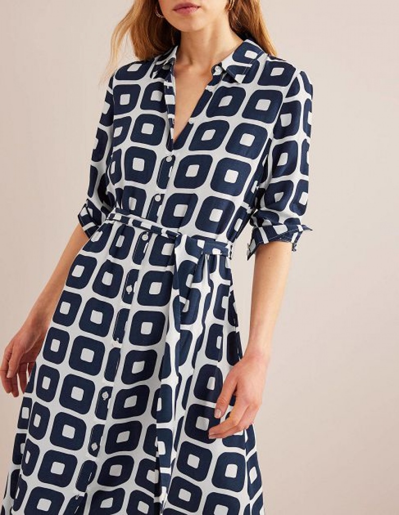 Navy Women's Boden Printed Shirt Dress | 76249MAPZ