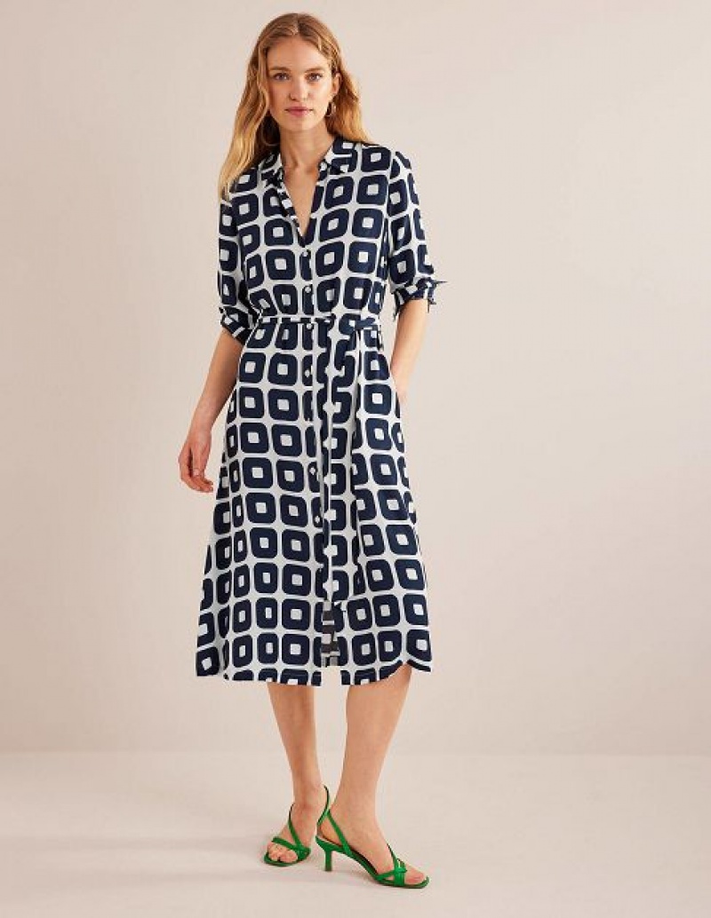 Navy Women's Boden Printed Shirt Dress | 76249MAPZ