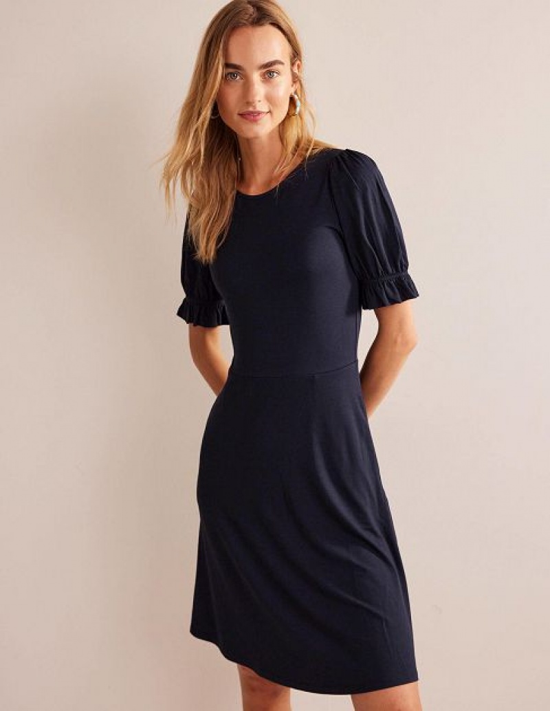 Navy Women's Boden Puff Sleeve Jersey Mini Dress | 25490ZDGK