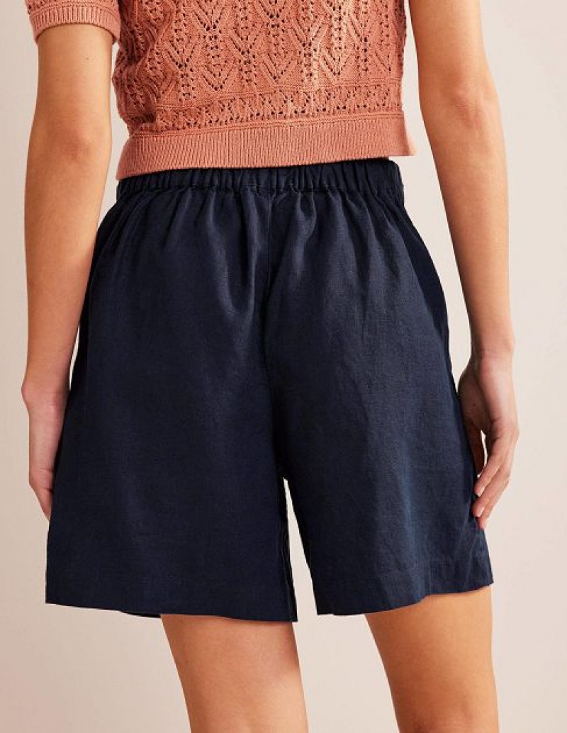 Navy Women's Boden Pull-on Linen Shorts | 58976XALJ