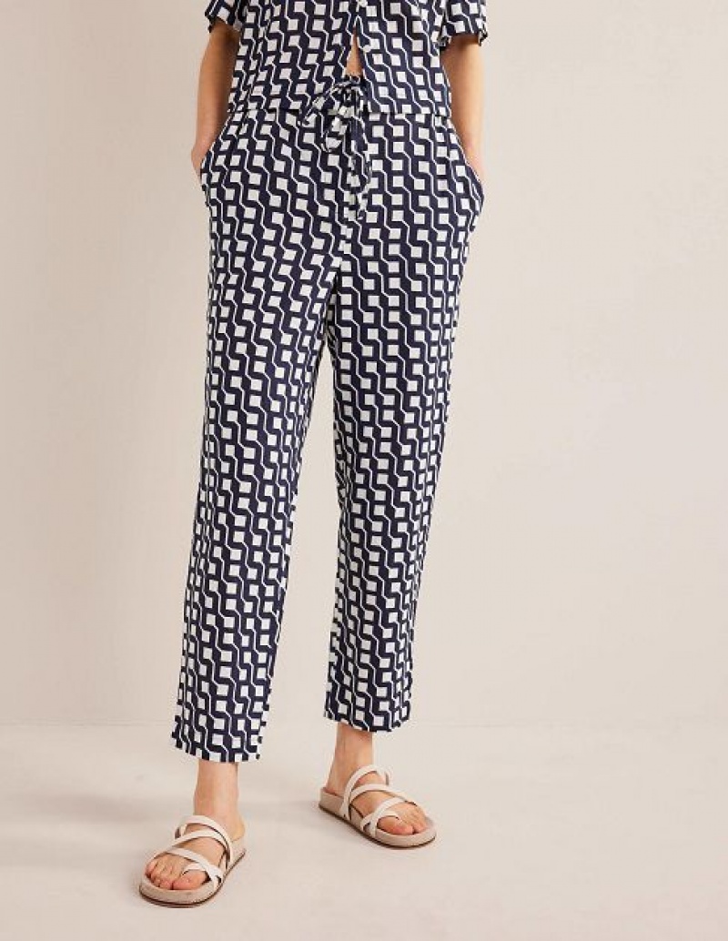 Navy Women's Boden Relaxed Linen Pull On Pants | 37096NTJG