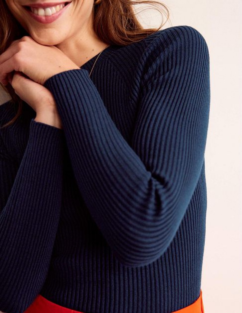 Navy Women's Boden Ribbed Cotton Jumpers | 79605OQWZ