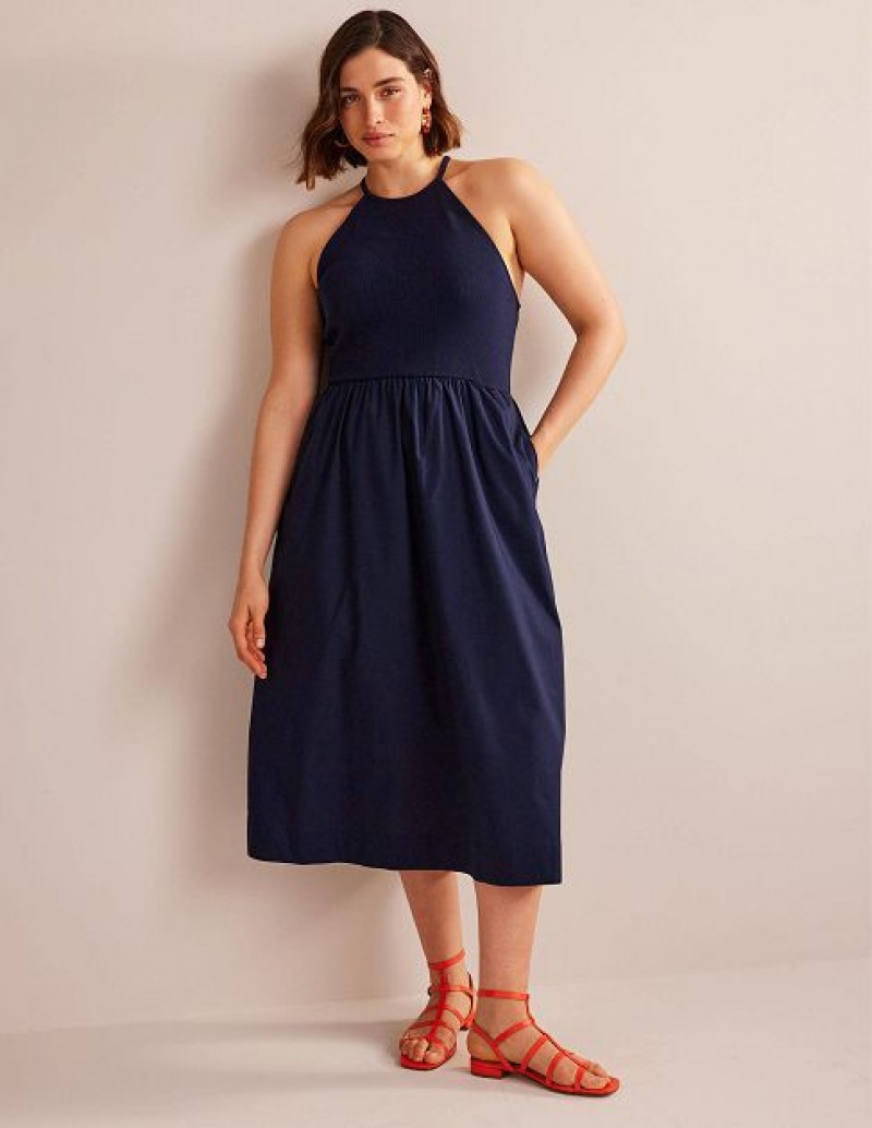 Navy Women's Boden Ribbed Halterneck Midi Dress | 98541WJKL