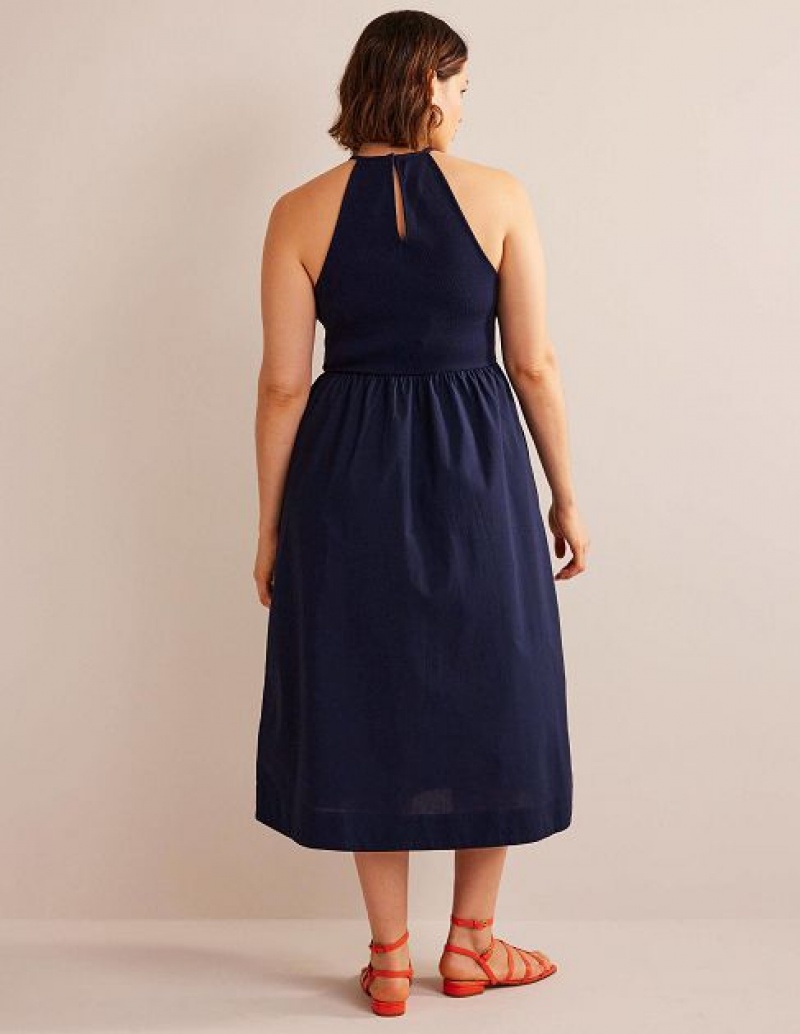 Navy Women's Boden Ribbed Halterneck Midi Dress | 98541WJKL