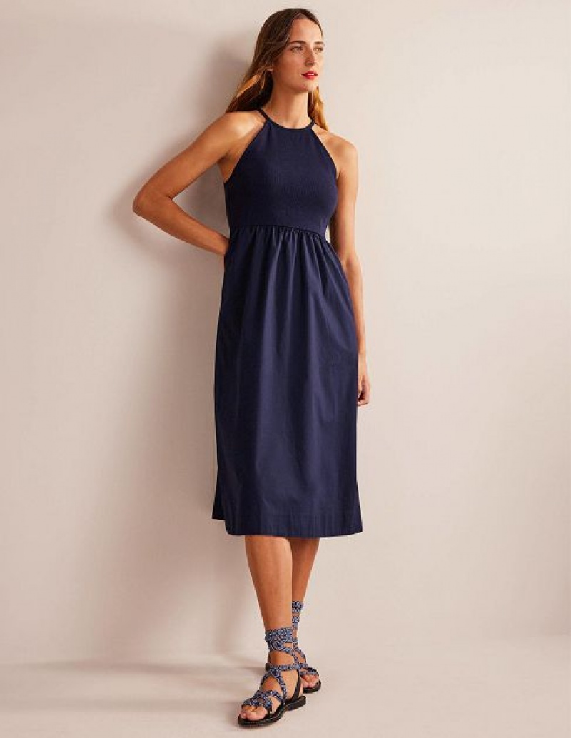 Navy Women's Boden Ribbed Halterneck Midi Dress | 98541WJKL