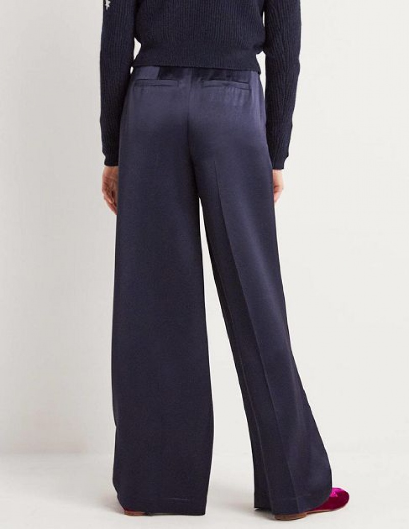 Navy Women's Boden Satin Wide Leg Pants | 30687BFAG