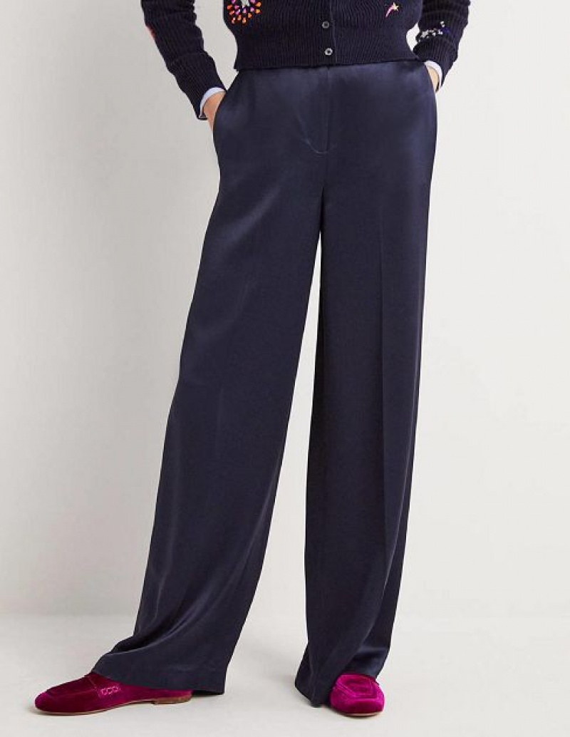 Navy Women's Boden Satin Wide Leg Pants | 30687BFAG