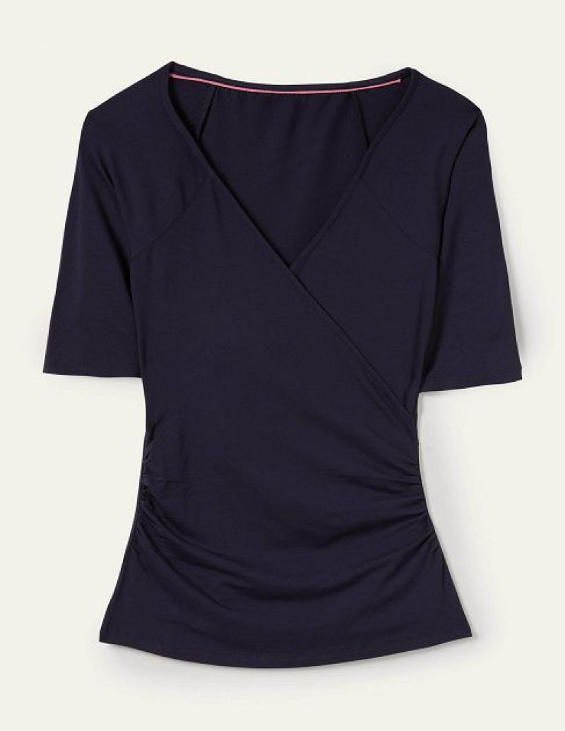 Navy Women's Boden Short Sleeve Wrap Tops | 16983XNKL